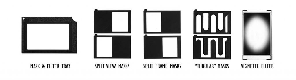 Mask and filter tray with sample masks and vignette filter